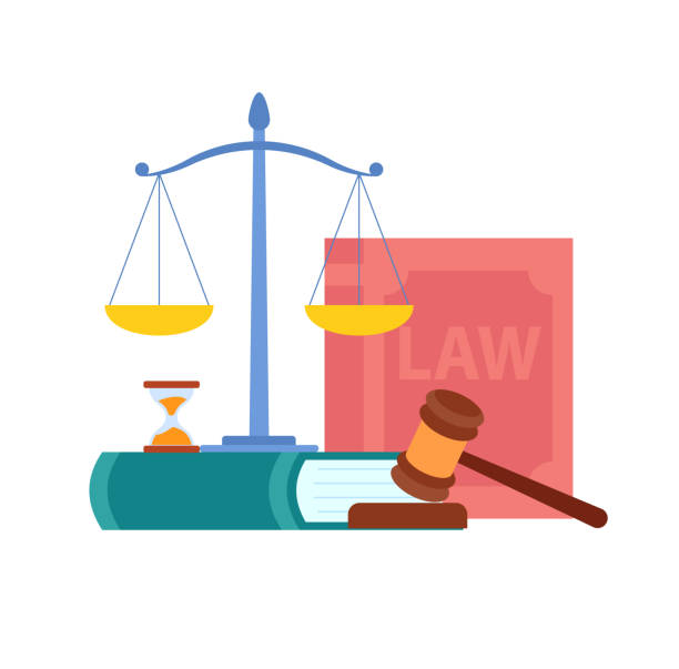 Law, Order, Court Symbols Vector Illustration. Magistrate Gavel, Scales, Cases Reports, Book. Legal Advice, Consulting Firm. Cartoon Hourglass, Wooden Judge Hammer. Jurisprudence Textbooks